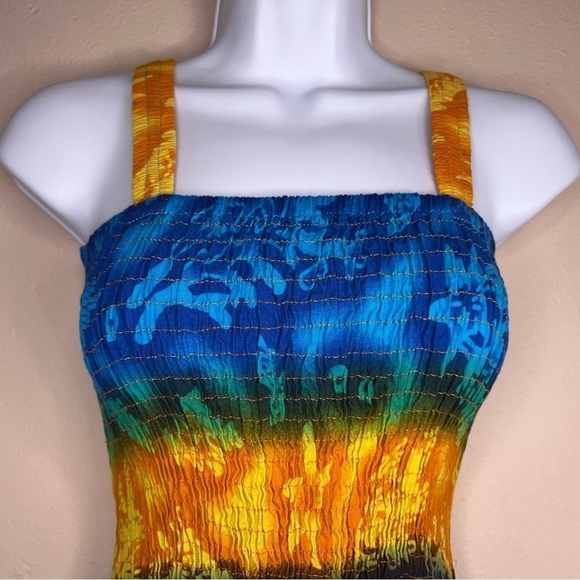 SMALL TROPICAL DRESS SLEEVELESS STRETCH COLORFUL BLUE ORANGE BEACH VACATION - Picture 3 of 13